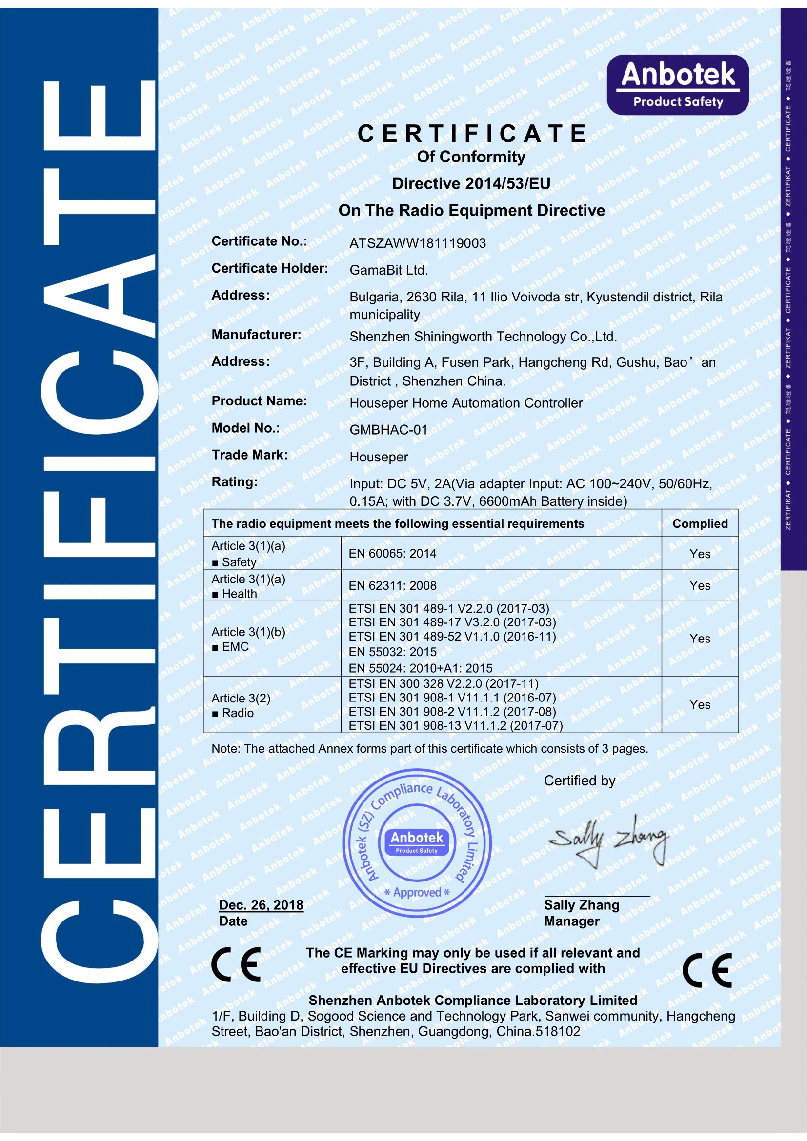 Houseper CE certificate